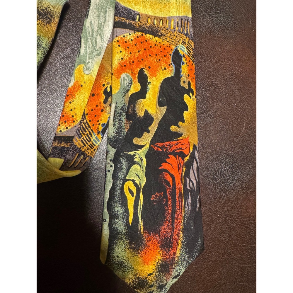 VTG RM Style Mens Silk Tie Abstract Art Silhouette Print Orange Green Made USA